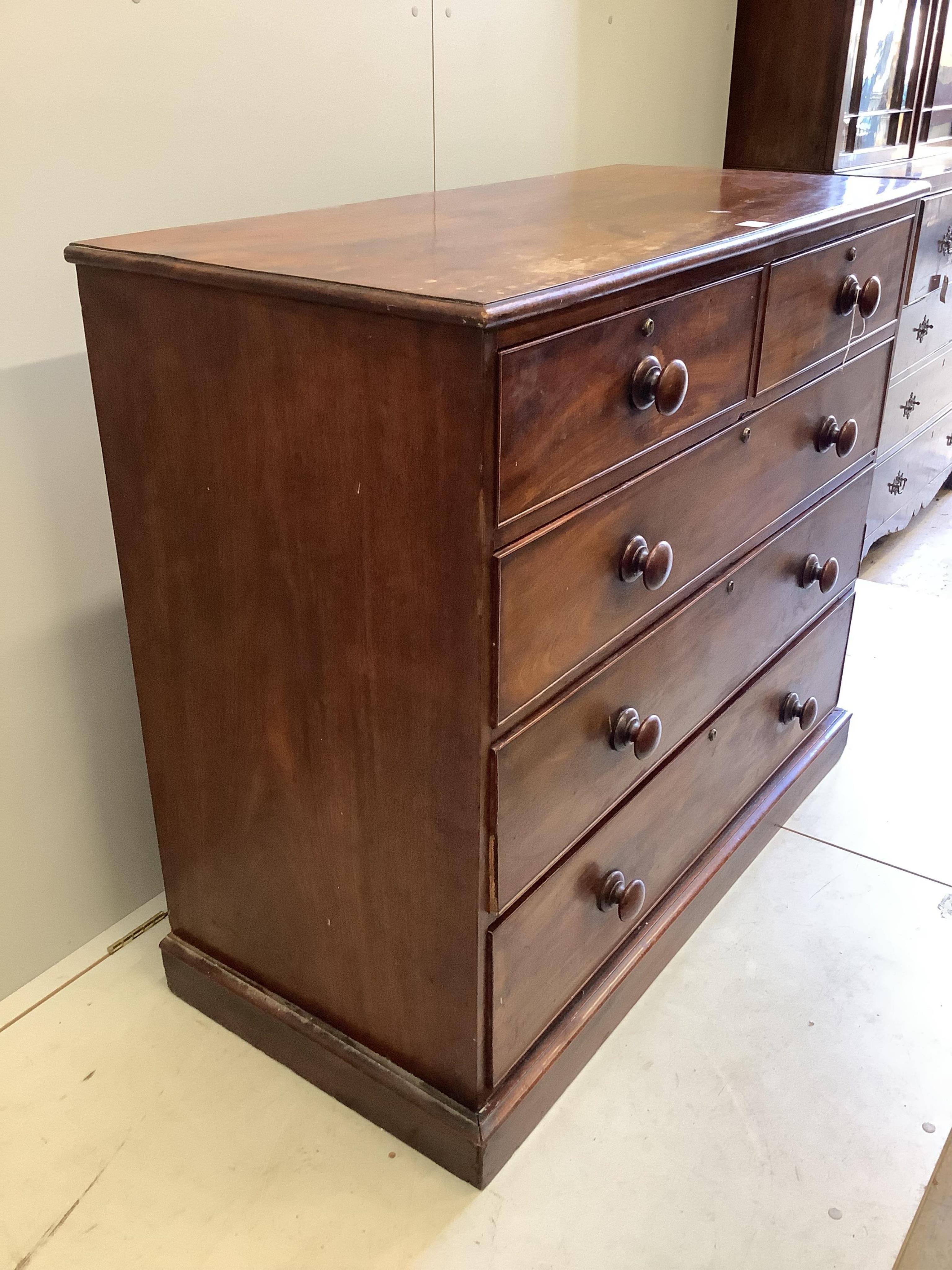 An early Victorian mahogany five drawer chest, width 124cm, depth 56cm, height 107cm. Condition - fair